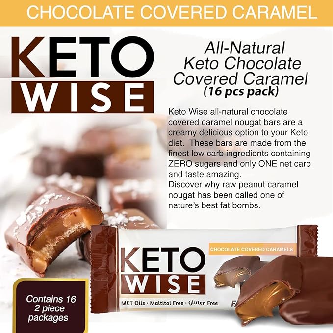 Keto Wise Fat Bombs - Made with Chocolate containing MCT Oil - Low Fat, Low Carb and Keto Friendly Snack - 8g Fat, 2g Net Carbs | Chocolate Covered Caramels, 2 Count (Pack of 16)