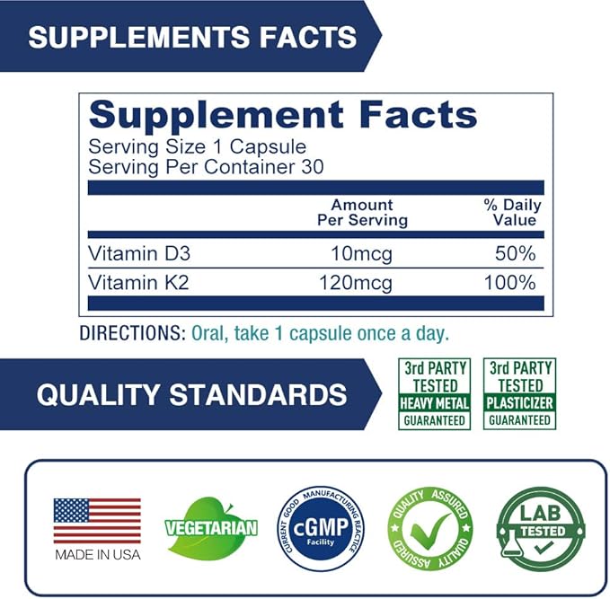Lovita Vitamin K2 + D3, 400 D3 & 120 mcg K2 (MK-7), (MK-7), 2 2 in 1 Formula, 30 Vegetarian 3)