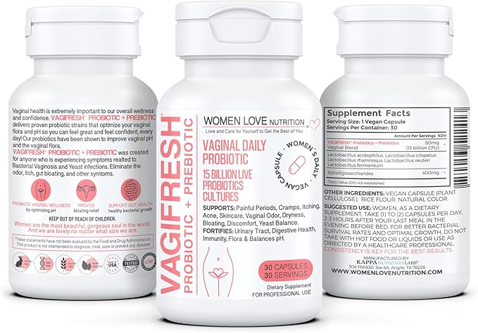 VAGIFRESH Vaginal Probiotics, pH Balance, Prebiotics 30 Count.