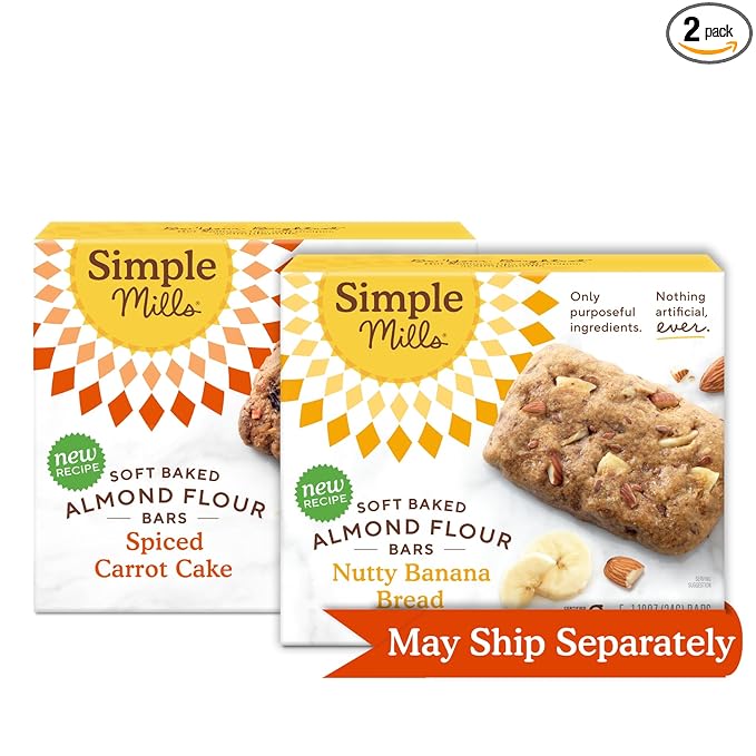 Simple Mills Almond Flour Snack Bars, Variety Pack (Nutty Banana Bread and Spiced Carrot Cake) - Gluten Free, Made with Organic Coconut Oil, Breakfast Bars, Healthy Snacks, 6 Ounce (Pack of 2)