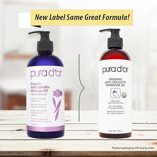 PURA D'OR 16 Oz Organic Anti-Cellulite Massage Oil for Toned Legs and Butt - Lemon Peel Oil, Moringa Oil, Grape Seed Oil, Grapefruit Oil & Eucalyptus Oil - Skin Firming & Tightening