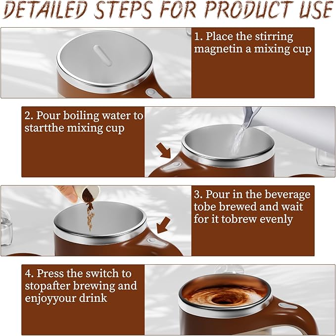 Self Stirring Coffee Mug, Rechargeable Automatic Coffee Stirring Mixing Mug, Electric Funny Self Mixing Cup, Stainless Steel Travel Coffee Cup for Office(Brown)