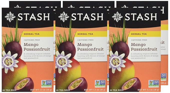 Stash Tea Mango Passionfruit Herbal Tea - Naturally Caffeine Free, Non-GMO Project Verified Premium Tea with No Artificial Ingredients, 20 Count (Pack of 6) - 120 Bags Total