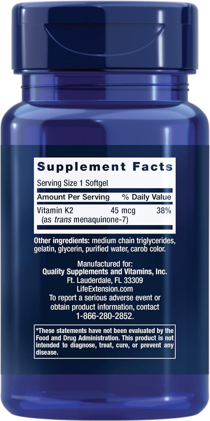 Life Extension Low Dose Vitamin K2 D3 Supplement 90 Softgels 60 Softgels