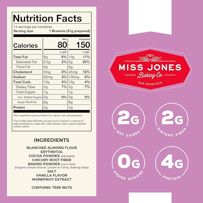 Miss Jones Baking Brownie Mix - Almond Flour, Gluten Free, Low Carb, No Sugar Added, Naturally Sweetened Desserts & Treats - Keto, Diabetic, Atkins, WW, and Paleo Friendly (Pack of 1)