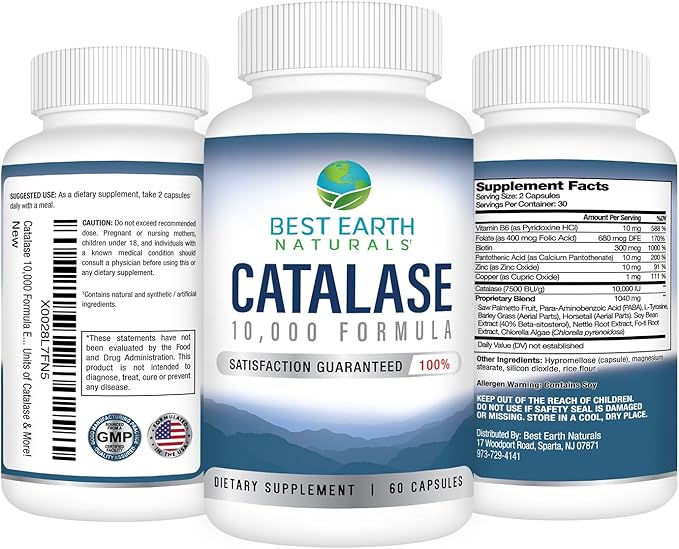 Best Earth Naturals Catalase Formula Starter Kit with 60 Capsules of Catalase 10,000 Shampoo 8 Ounces and Conditioner 8 Ounces