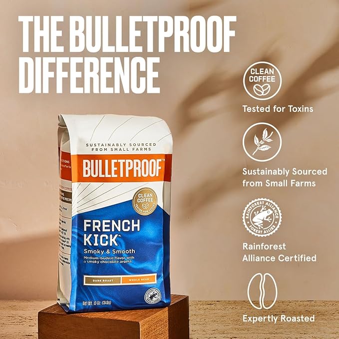 Bulletproof French Kick Dark Roast Whole Bean Coffee, 12 Ounces, 100% Arabica Coffee Sourced from Central and South America