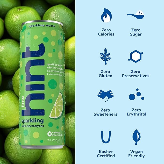 Hint Sparkling Water, Lime - Canned Flavored Water Beverages with Electrolytes, Zero Calories, and Sugar Free - 12 Fl Oz Cans (Pack of 12)