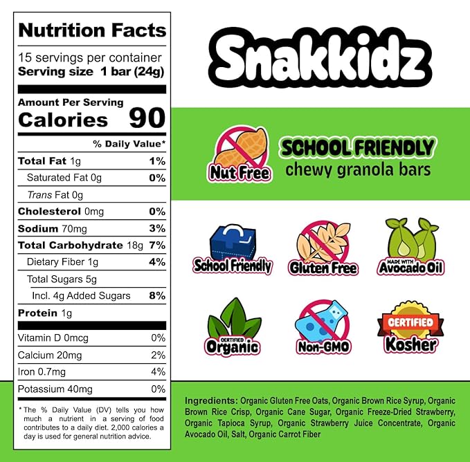 Snakkidz Organic Strawberry Chewy Granola Bar, 15 Count, Nut and Allergen Free, Low Sugar, Made with Avocado Oil