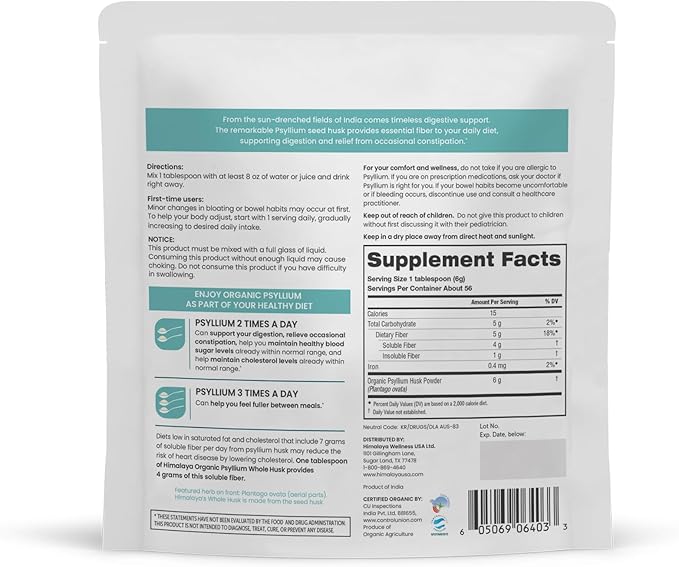 Himalaya Organic Psyllium Whole Husk, Natural 56-Tablespoon Supply, 12 Oz