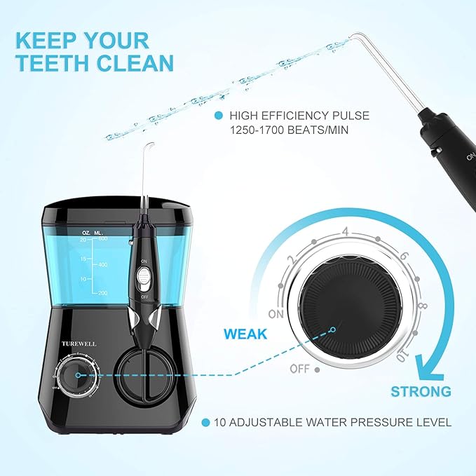 TUREWELL Water Flossing Oral Irrigator, 600ML 10 Adjustable 8 Water