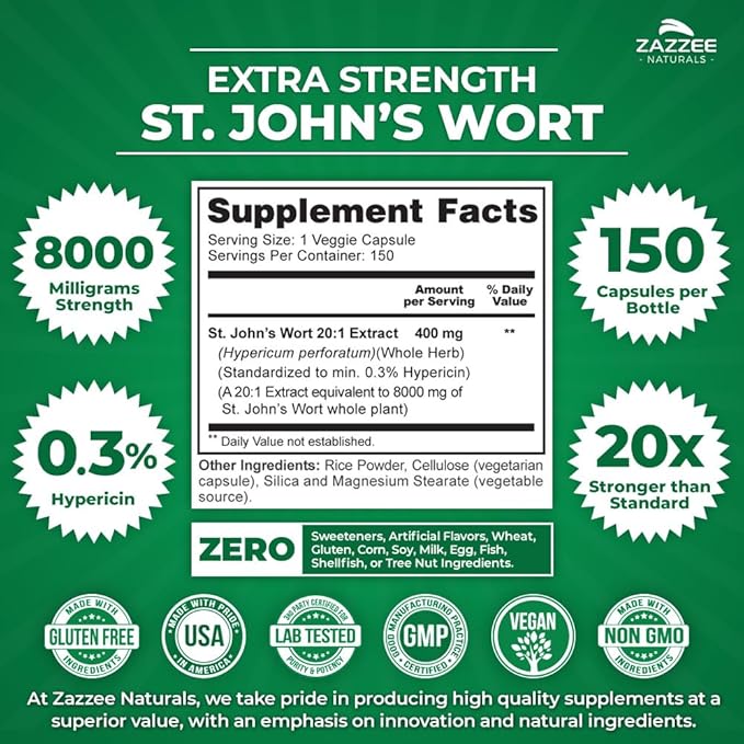 Zazzee Extra Strength St. John’s Wort 20:1 Extract, 8000 mg 0.3% Hypericin, 150 Vegan 5 Month 20X Extract, 100% Vegetarian,