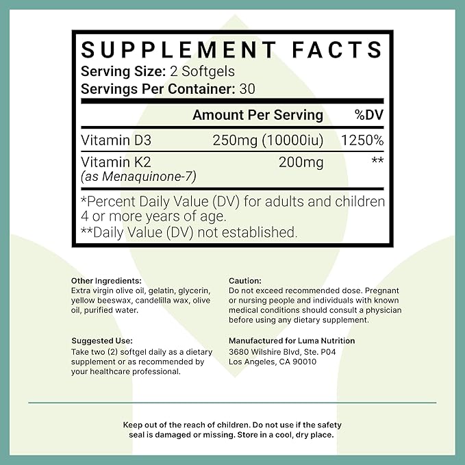 Luma Nutrition D3 + K2 Vitamin 10000 IU 60 Softgels