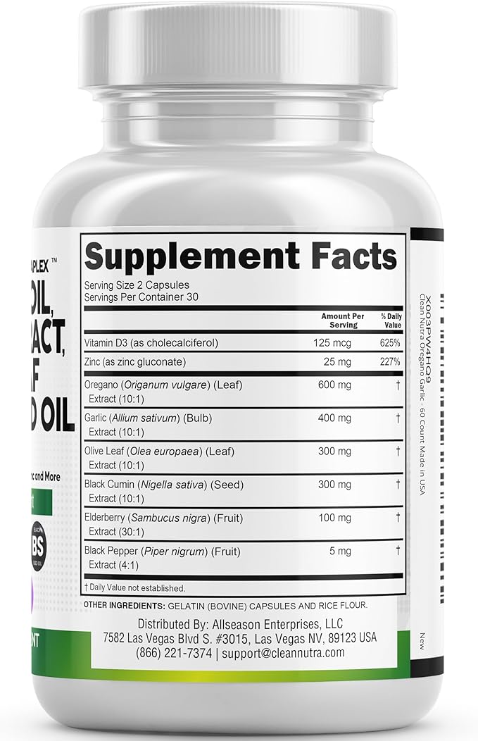 Clean Nutraceuticals Oregano Oil Garlic Extract D3 & 1Pack