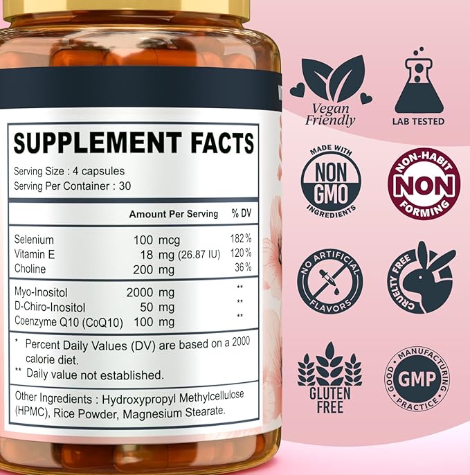 Myo-inositol & D-chiro Inositol Supplement for Women - Ideal 40:1 Ratio Complex for Fertility, Hormonal Balance, Menstrual Cycle & Ovarian Health Support with CoQ10, Choline & Selenium - 120 Capsules