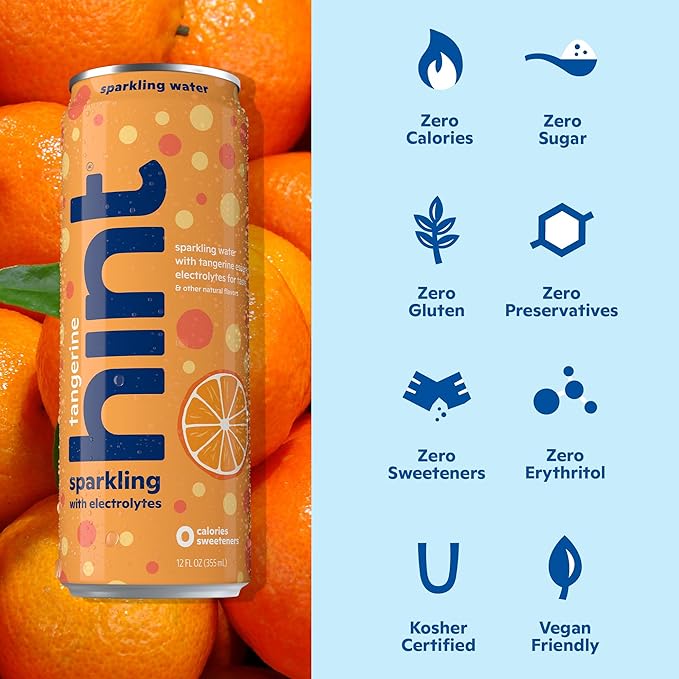 Hint Sparkling Water, Tangerine - Canned Flavored Water Beverages with Electrolytes, Zero Calories, and Sugar Free - 12 Fl Oz Cans (Pack of 12)