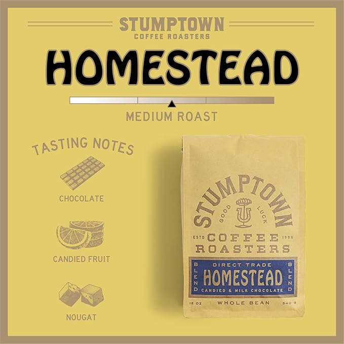 Stumptown Coffee Roasters, Medium Roast Whole Bean Coffee - Homestead Blend 12 Ounce Bag with Flavor Notes of Milk Chocolate, Cherry and Orange (Pack of 3)