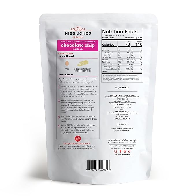 Miss Jones Baking Gluten-Free Chocolate Chip Cookie Mix - More Chocolate Chips, 50% Lower Sugar, Naturally Sweetened Desserts & Treats, 13 Ounce (Pack of 1)