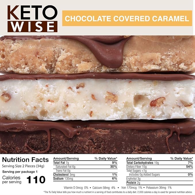Keto Wise Fat Bombs - Made with Chocolate containing MCT Oil - Low Fat, Low Carb and Keto Friendly Snack - 8g Fat, 2g Net Carbs | Chocolate Covered Caramels, 2 Count (Pack of 16)