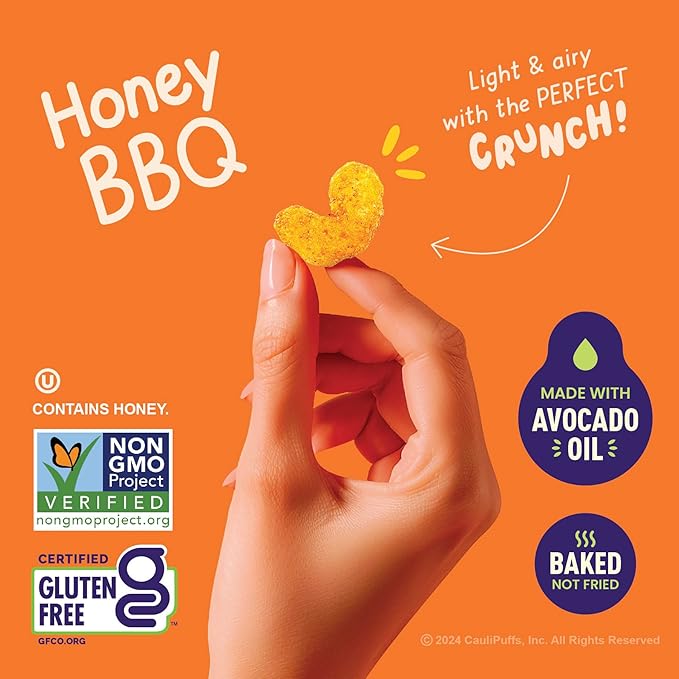Honey BBQ CauliPuffs - Corn, Rice, and Cauliflower Gluten Free Puffed Snack (Box of 15, 0.75oz bags)