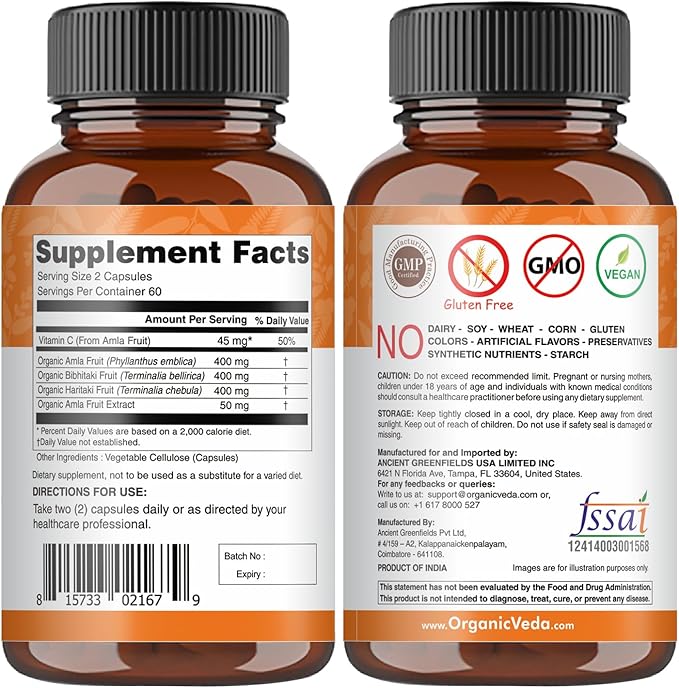 Organic Veda Triphala Capsules with Natural 120 Count