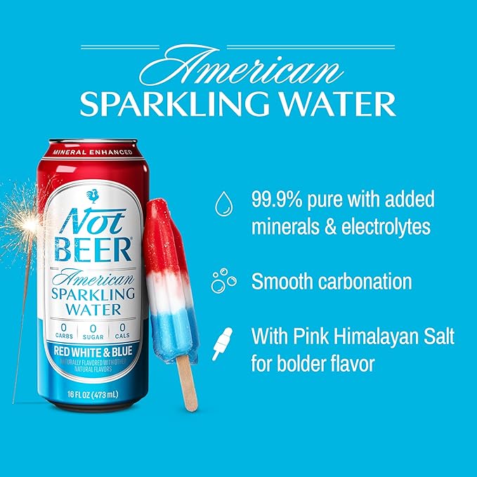 Not Beer American Sparkling Water, Red White & Blue, 99.9% Pure, Mineral & Electrolyte Blend, Carbonated Soda Water, Made in America, 16 Oz Tallboy Cans, 8 Pack