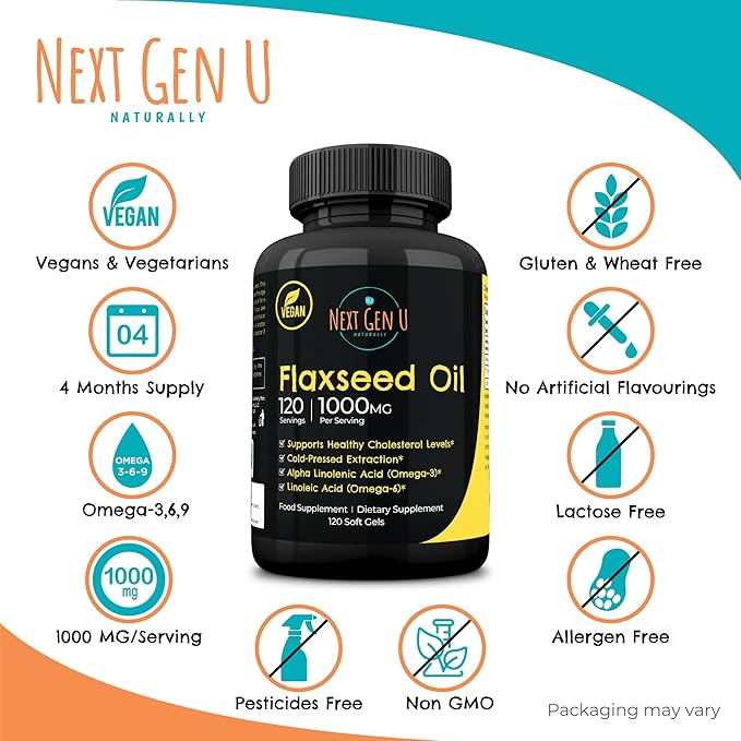 Next Gen U Flaxseed Oil w/Omega 3, 6, 6, 9, 9, Cold 1000 mg 120 Vegan