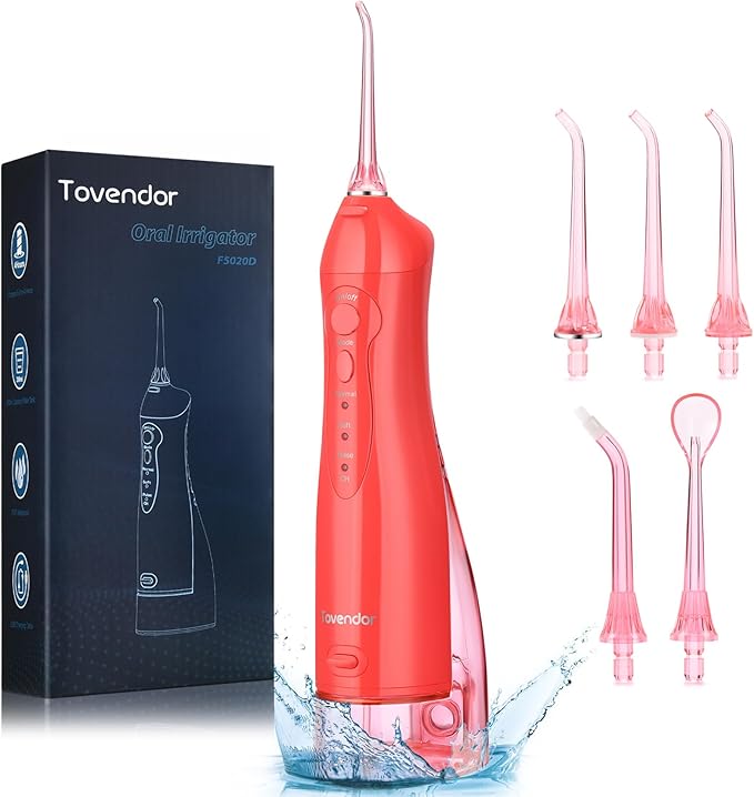 TOVENDOR Electric Water Flosser, Rechargeable Dental 3 Modes, 5 Tips (300ML, IPX7Waterproof IPX7Waterproof Waterflosser)