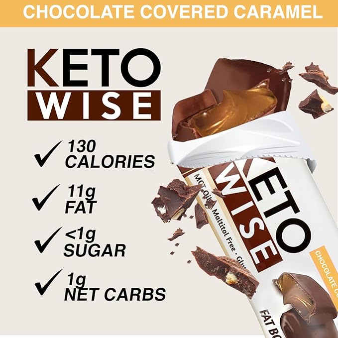 Keto Wise Fat Bombs - Made with Chocolate containing MCT Oil - Low Fat, Low Carb and Keto Friendly Snack - 8g Fat, 2g Net Carbs | Chocolate Covered Caramels, 2 Count (Pack of 16)