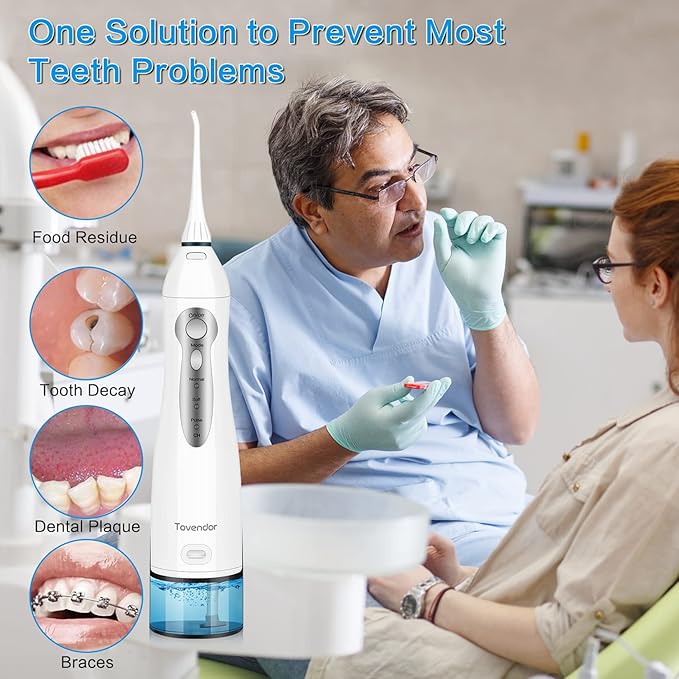 TOVENDOR Electric Water Flosser, Rechargeable Dental 3 Modes, 5 Tips (300ML, IPX7Waterproof IPX7Waterproof Waterflosser)