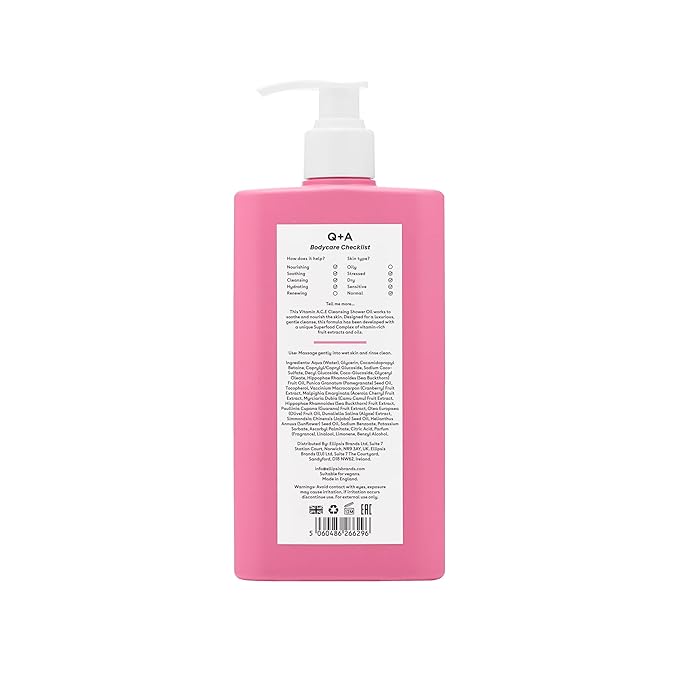 Q+A Vitamin A.C.E Cleansing Shower Oil, blend of vitamin-rich Fruit Extracts and Oils, plus a Superfood Complex supporting skin barrier whilst delivering an ultra-gentle cleanse, 250ml