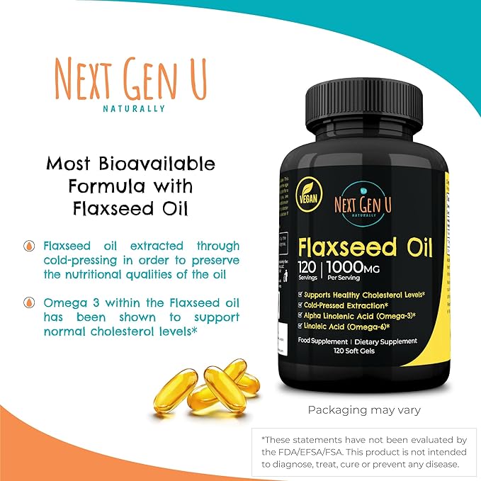 Next Gen U Flaxseed Oil w/Omega 3, 6, 6, 9, 9, Cold 1000 mg 120 Vegan