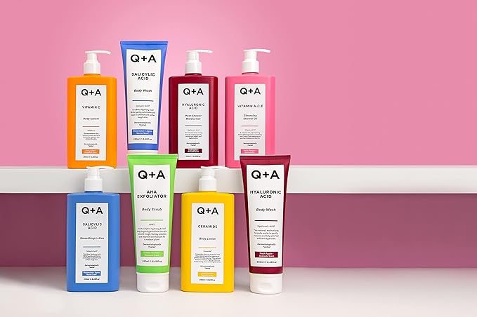 Q+A Vitamin A.C.E Cleansing Shower Oil, blend of vitamin-rich Fruit Extracts and Oils, plus a Superfood Complex supporting skin barrier whilst delivering an ultra-gentle cleanse, 250ml