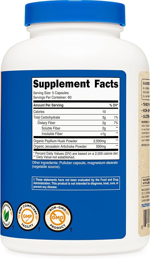 Nutricost Fiber Capsules with Prebiotic Fiber 300 Capsules 60 Servings, 2 G