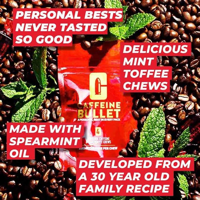 Caffeine Bullet Mint Energy Chews *4 – Faster Kick Than Pills, Gels and Gum. 100mg per Serving - Sport Science for Running, Cycling, Gaming & A Pre Workout Endurance Boost.