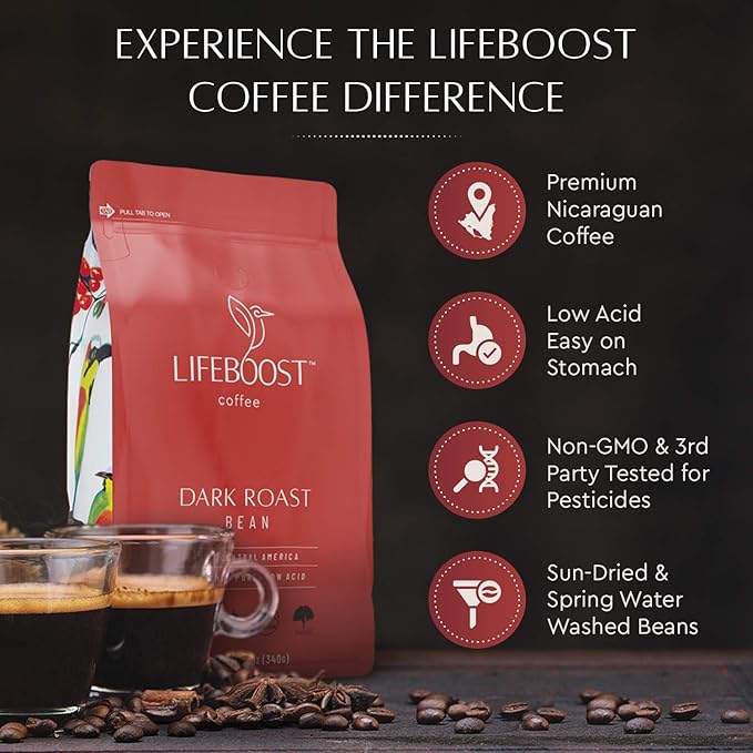 Lifeboost Coffee Dark Organic Coffee Beans - Dark Roast Low Acid Coffee Beans - Single Origin Non-GMO Organic Coffee - Third Party Tested For Mycotoxins & Pesticides - Whole Bean - 12 Ounces
