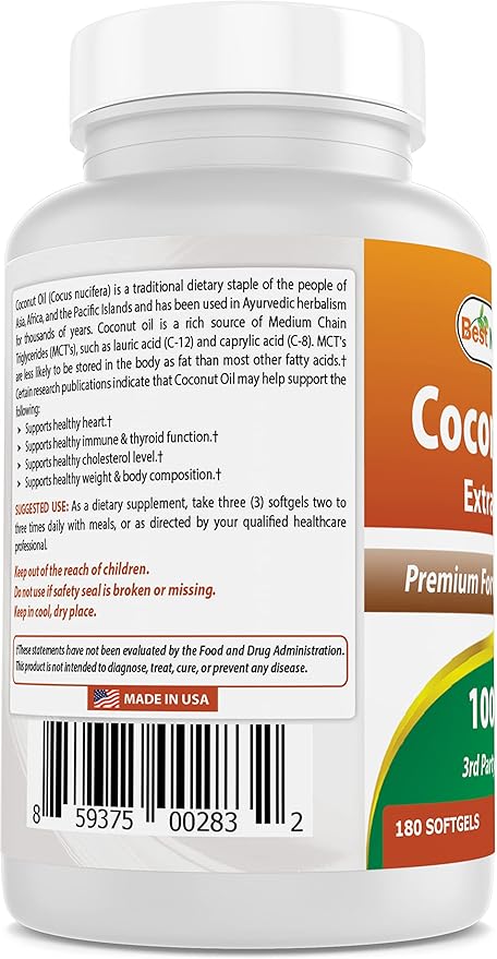 Best Naturals Extra Virgin Coconut Oil 1000 mg Softgel, 180 Count (180 Count (Pack of 3))