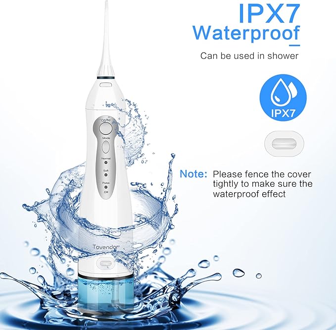 TOVENDOR Electric Water Flosser, Rechargeable Dental 3 Modes, 5 Tips (300ML, IPX7Waterproof IPX7Waterproof Waterflosser)