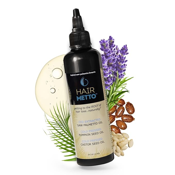 HAIRMETTO® Topical Saw Palmetto and Pumpkin Seed Oil Extract for Hair Loss, Strengthens Hair Roots, Soothes Dry Scalp, with Rosemary, Castor Oil, and Lavender Scent, 4oz Bottle