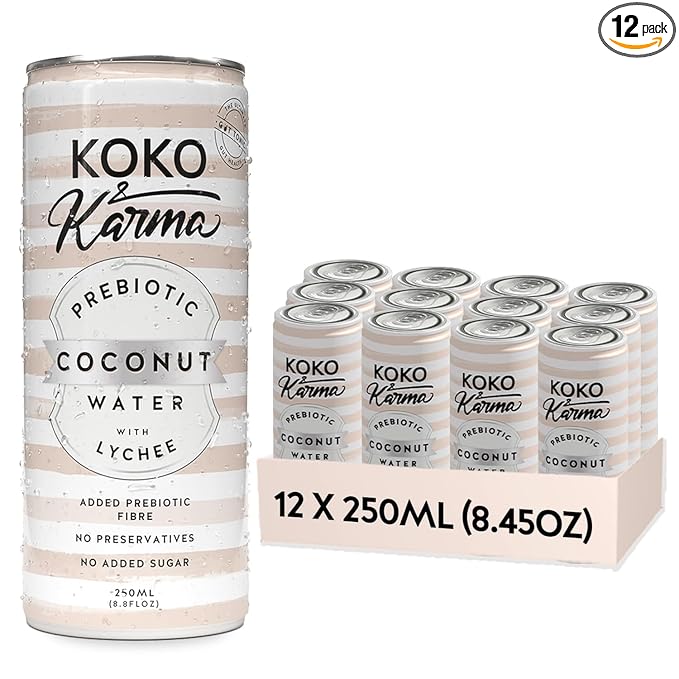 Koko & Karma – Prebiotic Coconut Water with Lychee – All Natural with No Added Sugars, Pure Coconut Water & Lychee Juice – 12 Pack - 16.9 Ounce Cans