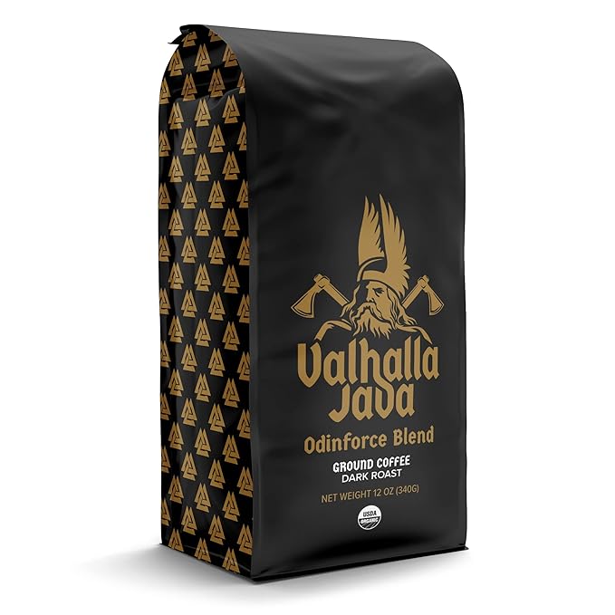 Death Wish Coffee Valhalla Java Dark Roast Ground Coffee, 12 Oz, Bold & Intense Blend of Arabica Robusta Beans, USDA Organic