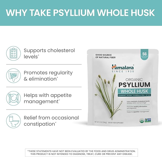 Himalaya Organic Psyllium Whole Husk, Natural 56-Tablespoon Supply, 12 Oz