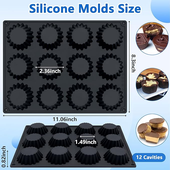 Silicone Peanut Butter Cup Molds 12 Cups Chocolate Candy Mold Mini Tart Pan for Keto Fat Bombs, Reese, Jello, Brownies, Cordial 2Pack Black