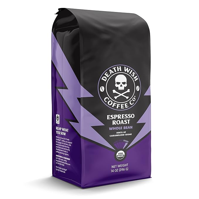 Death Wish Coffee Co. Whole Bean Espresso Roast - Organic, Fair Trade, Arabica and Robusta Coffee Beans, 14 ounce (Pack of 1)