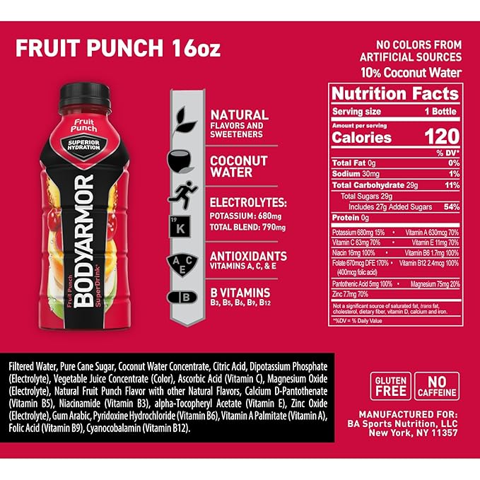 BODYARMOR Sports Drink Sports Beverage, Fruit Punch, Coconut Water Hydration, Natural Flavors With Vitamins, Potassium-Packed Electrolytes, Perfect For Athletes, 16 Fl Oz (Pack of 12)