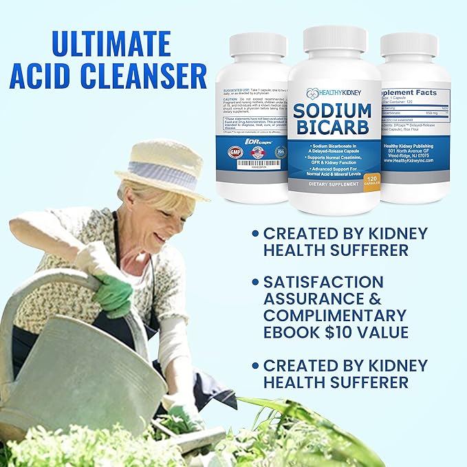 Sodium Bicarbonate 650mg Capsules Delayed Release for Supporting Normal Kidney Function & Kidney Supplement. Sodium Bicarbonate for Acid Relief, Alkalinity 120 Pills 2-Pack