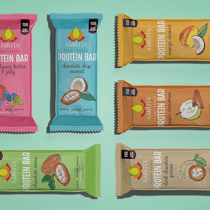 AMRITA Vegan Protein Bars Variety Pack (6 Flavors), 15g Plant