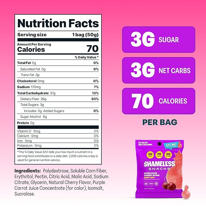 Shameless Snacks - Healthy Low Calorie Snacks, Low Carb Keto Gummies (Gluten Free Candy) - 6 Pack Sour Cherry Bomb