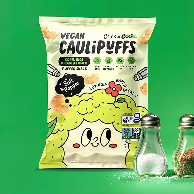 Vegan Salt & Pepper CauliPuffs - Corn, Rice, and Cauliflower Gluten Free Puffed Snack (box of 15-0.75oz bags)