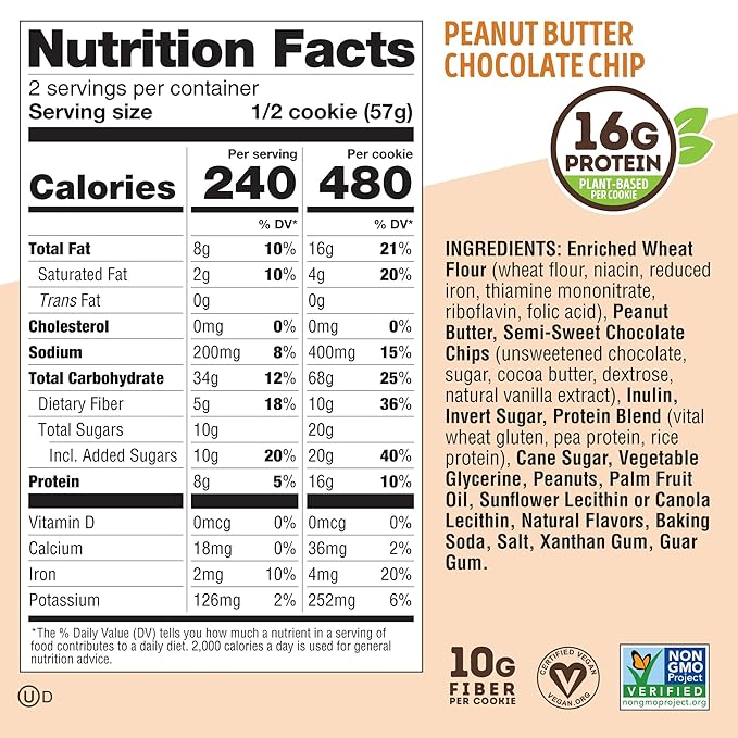 Lenny & Larry's The Complete Cookie, Peanut Butter Chocolate Chip, Soft Baked, 16g Plant Protein, Vegan, Non-GMO, 4 Ounce Cookie (Pack of 12)